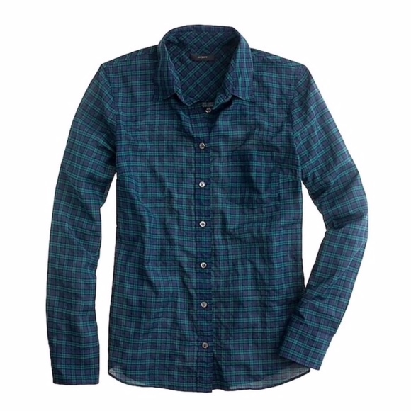 J. Crew Tops - J CREW Crinkle Boy Shirt Black Watch Plaid Tartan